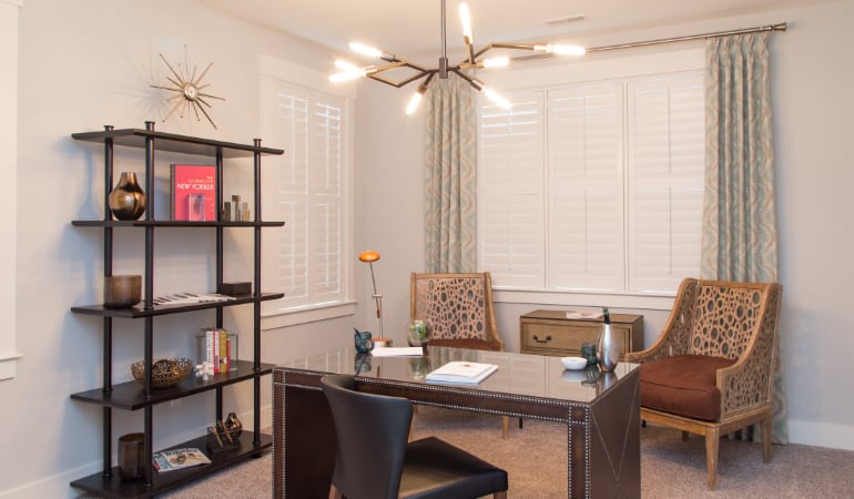 Austin home office with plantation shutters.
